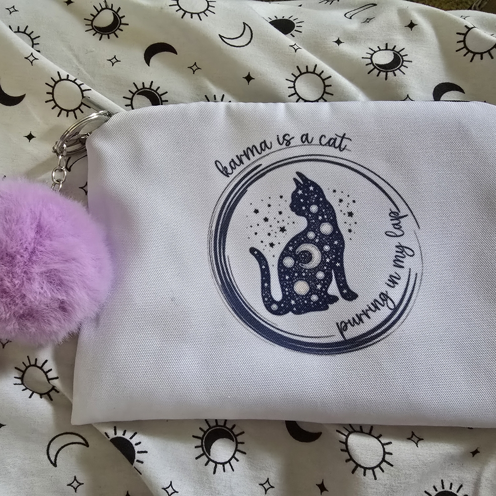 White Cat-Themed Pouch with Purple Pom Pom